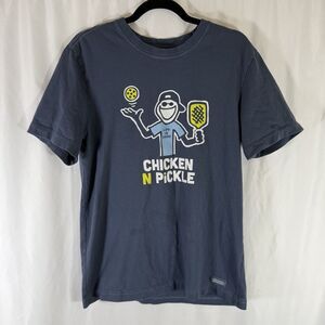 Life is Good Chicken N Pickle Shirt Men's Medium Blue Short Sleeve Crew Neck